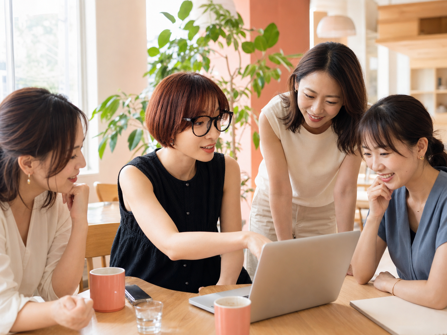 仲間と一緒にパソコンを囲んで楽しく作業する様子